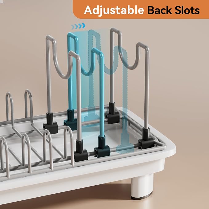 Laveshop Small Dish Drying Rack, Compact Dish Drainer for Kitchen Counter, with Adjustable Back Slots, Space-Saving for Small Kitchens, White