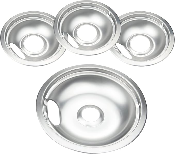 Electric Stove Drip Pans for Whirlpool W10278125, 4-Pack (3x6",1x8") | Includes 3 large 6" and 1 large 8" Chrome drip pans to replace worn burner bowls on compatible Whirlpool ranges