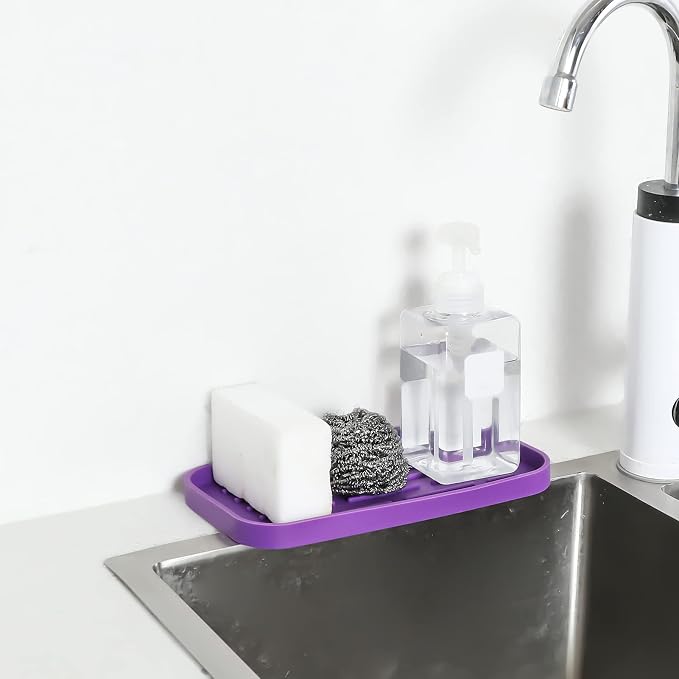 MicoYang Silicone Kitchen Sink Organizer Tray for Multiple Usage,Eco-Friendly Sponges Holder for Kitchen Bathroom Counter or Sink,Dish Soap Dispenser,Scrubber,Bottle,Cup (Purple, 10"×5.3")