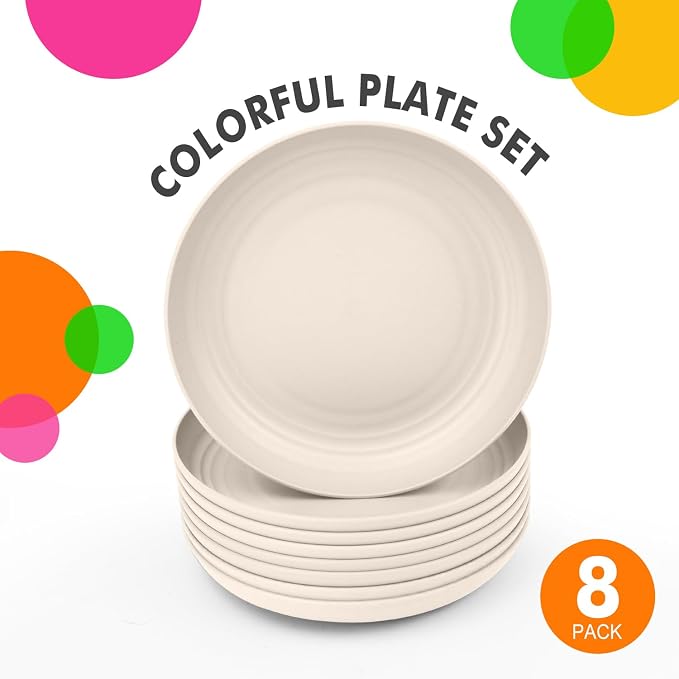 Wheat Straw Plates 8 PCS Unbreakable Dinner Plates - 10 inch Dishwasher & Microwave Safe Plastic Plates Reusable Lightweight Roud Plates, Plates for Kitchen, Dinner, Outdoor,Picnic (Beige)