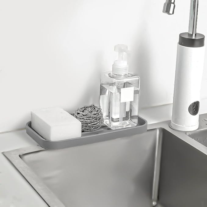 MicoYang Silicone Kitchen Sink Organizer Tray for Multiple Usage,Eco-Friendly Sponges Holder for Kitchen Bathroom Counter or Sink,Dish Soap Dispenser,Scrubber,Bottle,Cup (Grey, 10"×5.3")