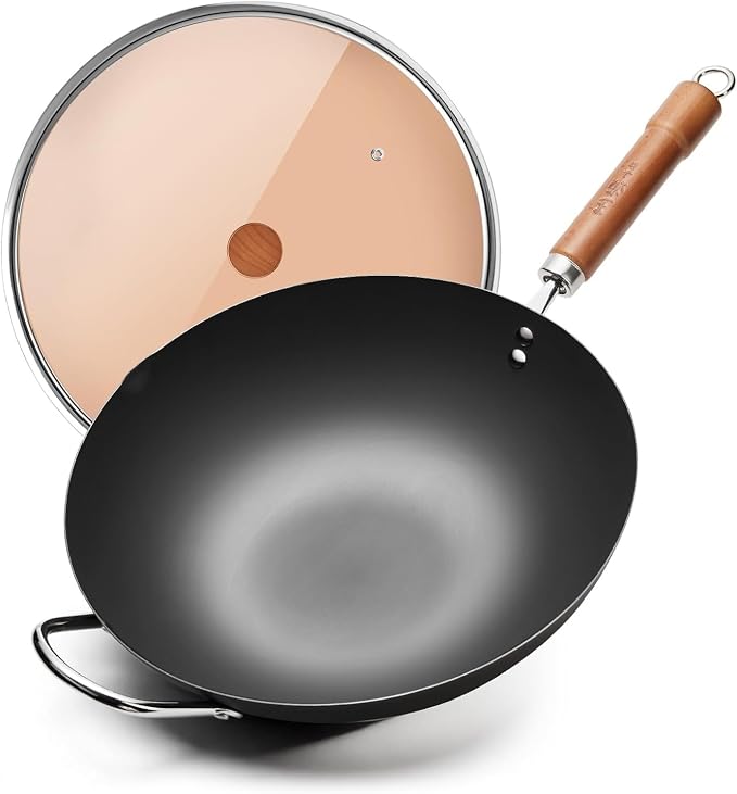 WANGYUANJI Carbon Steel Wok with Lid, 12.6 Inch Flat Bottom Wok Pan, Uncoated Stir Fry Pan with Wooden Handle, Chinese Wok for Gas, Electric, Induction & Ceramic Stoves | Uncoated Stir Fry Pan with Wooden Handle for Gas, Electric, Induction & Ceramic S...