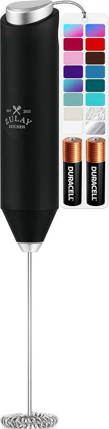 Zulay Kitchen Milk Frother Handheld - Mini Frother Wand, Milk Mixer, Drink Whisk for Coffee, Matcha Essentials & More, Stick Frother for Protein Shakes, Froster Mixer - AA Batteries Included - Black