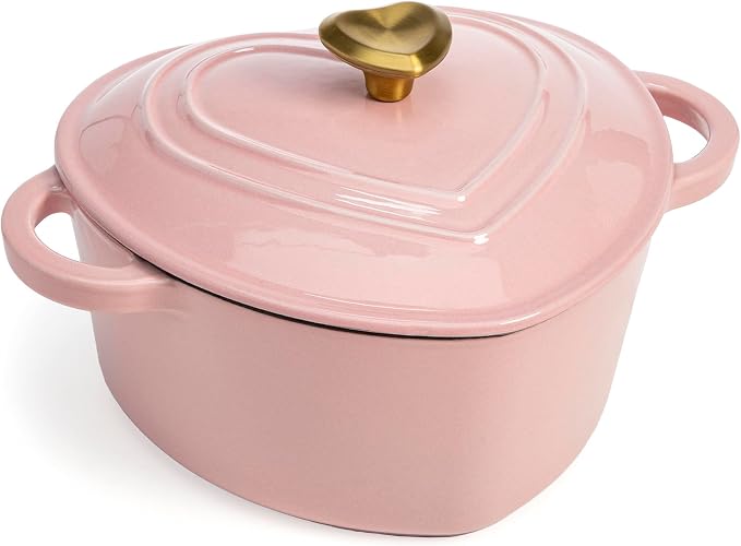 Paris Hilton Enameled Cast Iron Dutch Oven Pot with Lid, Heart-Shaped Dutch Oven, Durable Cast Iron Pot with Dual Handles, Oven Safe to 500°F, Works on All Stovetops, 4-Quart, Pink
