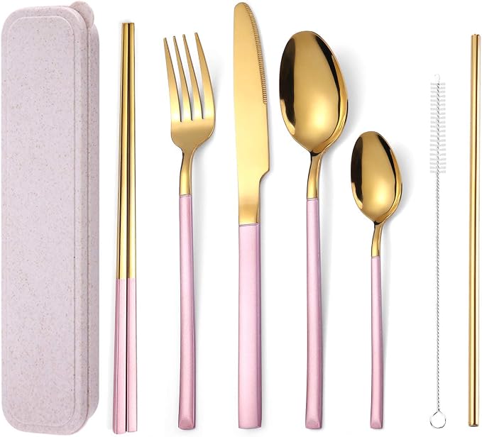 AARAINBOW 7 Pieces Stainless Steel Flatware Set Portable Reusable Cutlery Set Travel Utensils Set Including Chopsticks Knife Fork Spoon Straws Cleaning Brush Dishwasher Safe (Pink Golden)