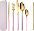 AARAINBOW 7 Pieces Stainless Steel Flatware Set Portable Reusable Cutlery Set Travel Utensils Set Including Chopsticks Knife Fork Spoon Straws Cleaning Brush Dishwasher Safe (Pink Golden)