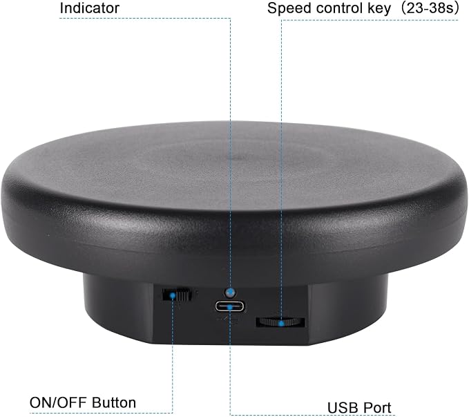 360° Electric Rotating Platform with Type-C Cable, 6.3in / 15lb Motorized Rotating Display for Jewelry Photography Products Live Show Video shoot, Mushroom Rotating Stand for 3D Model Cake Black