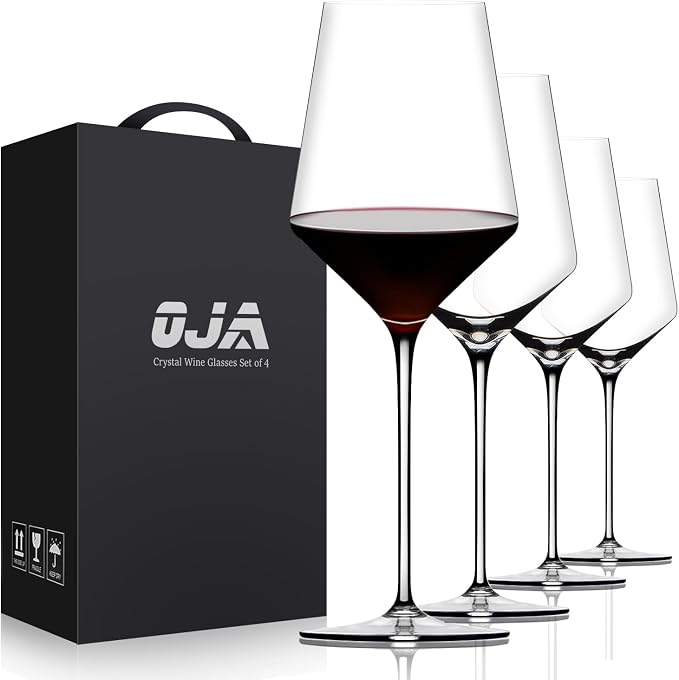 OJA Wine Glasses Set, Crystal Red Hand Blown Wine Glass, Set of 4, 15 oz | Long Stem, Thin Rim, Premium, Perfect for Red or White, Daily Use, Unique Wedding Anniversary or Birthday Gift