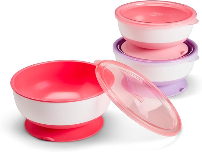 Munchkin Stay Put Munchkin Suction Baby Bowls with Lids - Dishes for Babies and Toddlers, Self-Feeding Bowl Set for Kids 6+ Months, 3 Pack, Pink/Purple