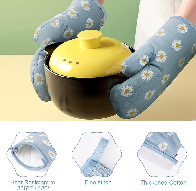 AUAUY Oven Mitts and Pot Holders 4PCS Set, 392°F Heat Resistant, Daisy-Blue | Cooking Gloves and Hot Pads Baking Mittens, Grilling Gloves BBQ Gloves Non-Slip Kitchen Mittens for Oven Cooking Baking BBQ