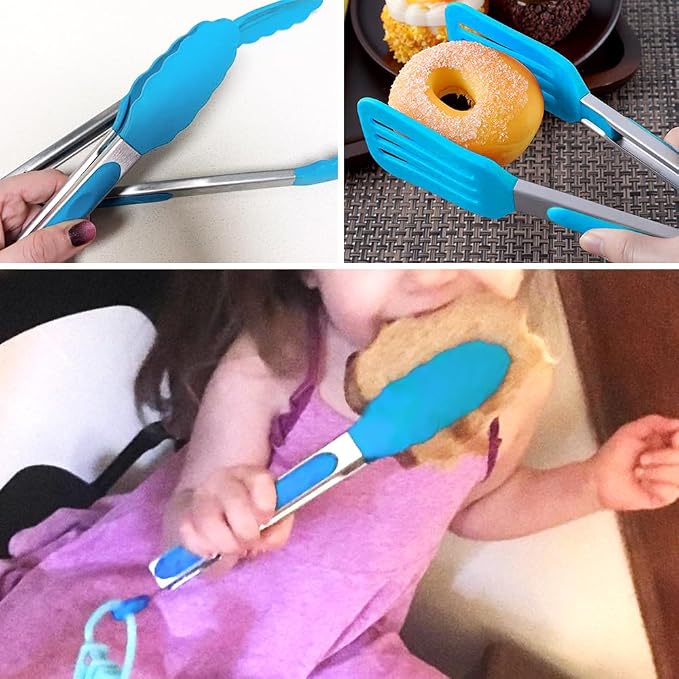 7 Inch Mini Serving Tongs with Silicone Tips Set of 3(Blue) | Stainless Steel Handle, Non-Scratch, Heat Resistant