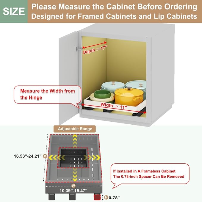 Fokyfok Pull out Cabinet Organizer,11"-16"W,17"-24"D,Expandable,Adhesive | No Drill,3 Rails,Roll out Drawers,Adjustable Slide out Shelves for Kitchen,Pantry,Framed and Framless Cabinets,Black,1PC