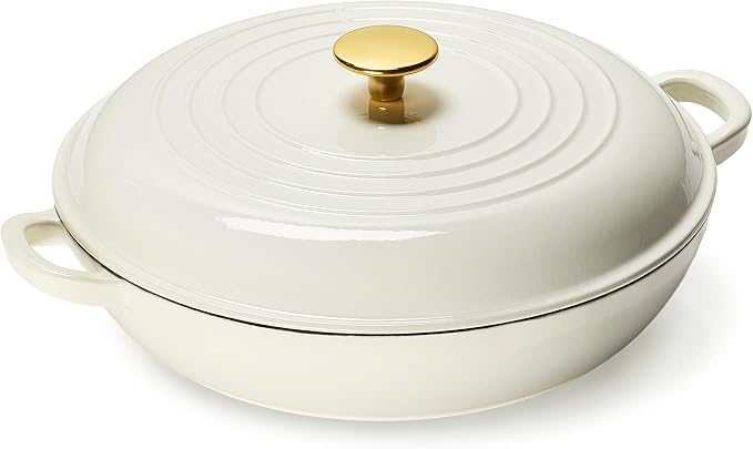 CAROTE 3.4QT Enamel Cast Iron Cookware, Skillet with Lid, White Dutch Oven | Shallow Round Braiser Pan Oven Safe, Non-Toxic Pot for Grilling, Searing, Baking, Dual Handles, All Stovetop Compatible