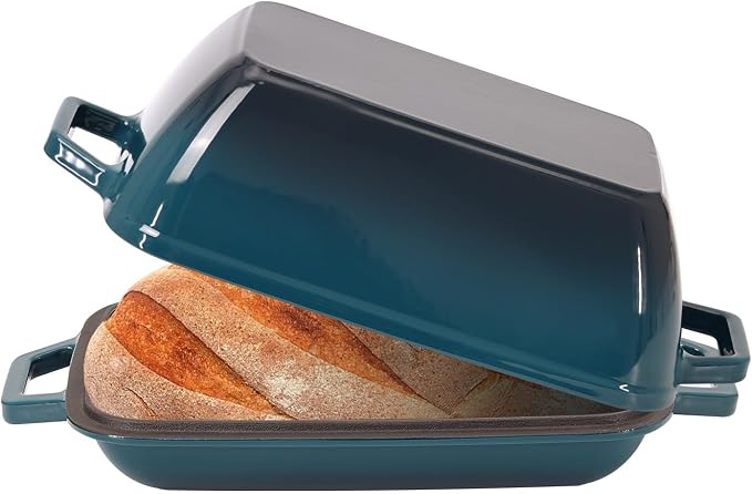 Flavehc Oval Cast Iron Dutch Oven for Bread Baking 12x8 Inch Enameled Bread Pan with Lid 6QT Cast Iron Bread Dutch Oven for Sourdough，DarkCyan