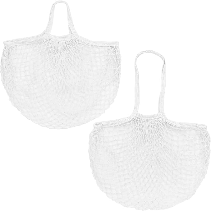 M METERXITY 2-Pack Cotton Mesh Bag, Reusable Washable Mesh Net String Grocery Bags, Reusable Produce Bags with Handle, Net Tote Bag for Fruits/Vegetables Shopping [White, Long&Short Handle]
