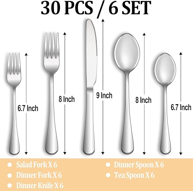 30 Pcs Silverware Set Service for 6,Premium Stainless Steel Flatware Set,Mirror Polished Cutlery Utensil Sets,Durable Kitchen Eating Tableware Sets,Include Fork Knife Spoon,Dishwasher Safe