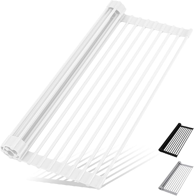 Hanzenma Roll Up Dish Drying Rack - Over The Sink, Multipurpose Foldable Sink Drying Mat, Heat-Resistant, Anti-Slip & Anti-Rust, 17" x 13", White