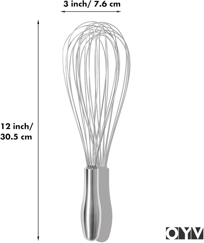 OYV 18/10 Stainless Steel Whisk, 12-Inch Metal Whisk, Ergonomic Handle | Dishwasher Safe, 8-Wire Balloon Design, Rust Resistant, Sealed Waterproof Handle, For Eggs, Sauces, Batter And Cream