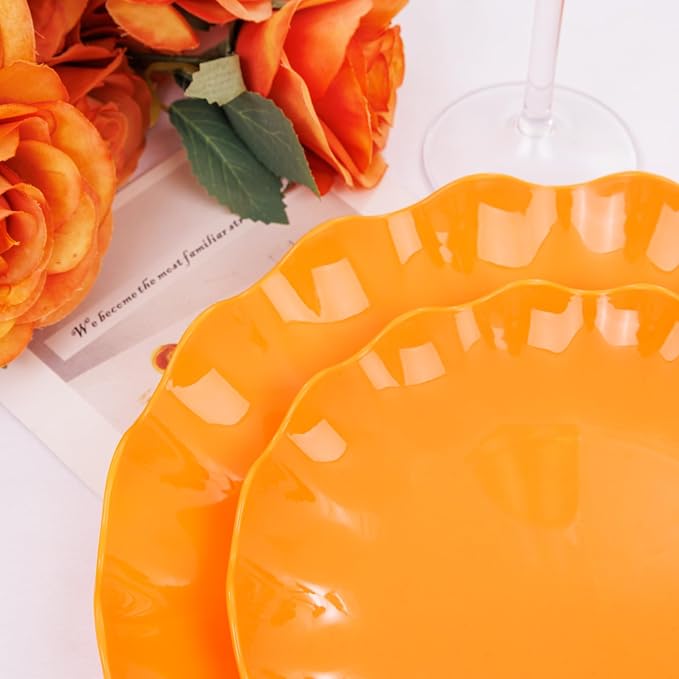 LIYH 24Pcs Orange Plastic Plates Reusable, Dinner And Salad Set For Parties | Heavy Duty Scalloped Unbreakable Tableware, Reusable Or Disposable Style For Fall Picnics, Thanksgiving, Holiday Banquets
