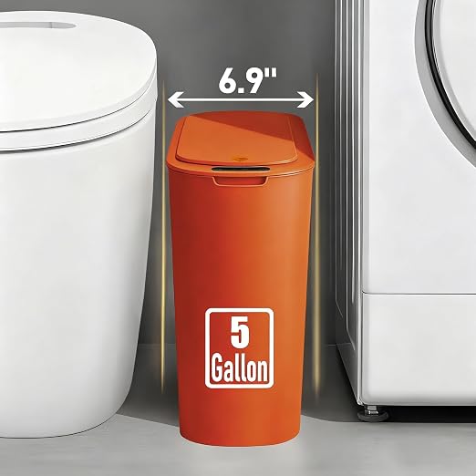 TIPGO 5 Gallon Automatic Bathroom Trash Can with Lid, Orange, Touchless | Motion Sensor, Slim Smart Garbage Bin, Plastic Wastebasket, Battery Operated, Manual Button, for Bedroom, Office,RV
