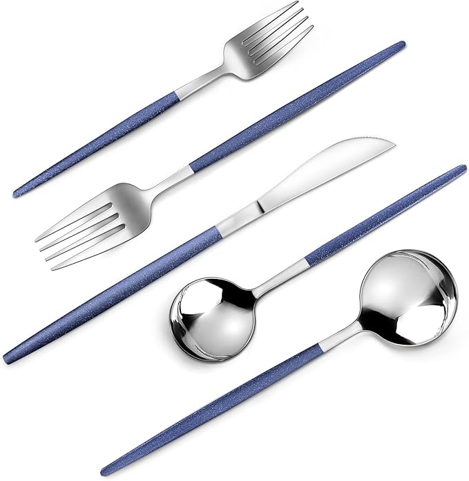 VANVRO Mirror Silver Blue Silverware Set, 20-Piece Stainless Steel Flatware Set, Satin Finish tableware Cutlery Set, Service for 4, Home and Restaurant, Dishwasher Safe