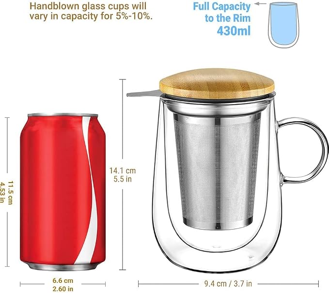 Tea Infuser Mug 14.5oz Insulated Heatproof Glass Tea Cup with Removable Infuser and Lid, Clear Glass Teacup 430ml Double Wall Borosilicate Glass Teacup for Loose Tea, Gifts for Parents Dad Mum