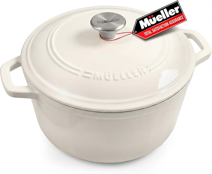 Mueller DuraCast 6QT Enameled Cast Iron Dutch Oven with Lid, Heavy-Duty | Casserole & Braiser Pan, Sourdough Bread Baking, PFOA-Free, 500°F Oven Safe, All Cooktops incl. Induction, White