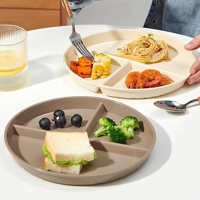 PUPOPIK 9" Unbreakable Divided Plates Set of 5, Wheat Straw Plate Reusable Dinnerware Portion Control Plate, Round Bariatric Plastic Plate for Kids Adults, BPA-free, Dishwasher Safe