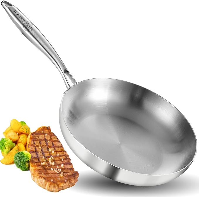LOLYKITCH 9.5 Inch Small Stainless Steel Pan | Tri-Ply | PFOA & PTFE Free | Fast & Even Heating | Stay-Cool Detachable Handle | Dishwasher and Oven Safe | Induction Ready | For Modern Home Kitchens