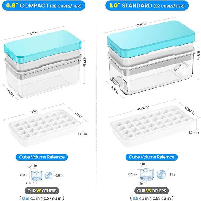 Ice Cube Tray with Lid and Bin, Easy Release 56 Cubes for Freezer | Food-grade BPA-free PP and ABS. Ice cubes for fruit, cocktails, iced coffee. Space-saving stackable with scoop