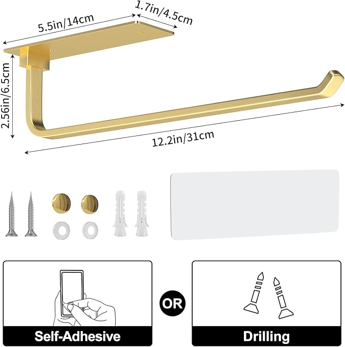Paper Towel Holder Under Cabinet, Self-Adhesive or Drilling, Gold | Kitchen Roll Dispenser | Under-Cabinet or Wall-Mounted | Upgraded Aluminum | Lighter Yet Stronger Than Stainless Steel