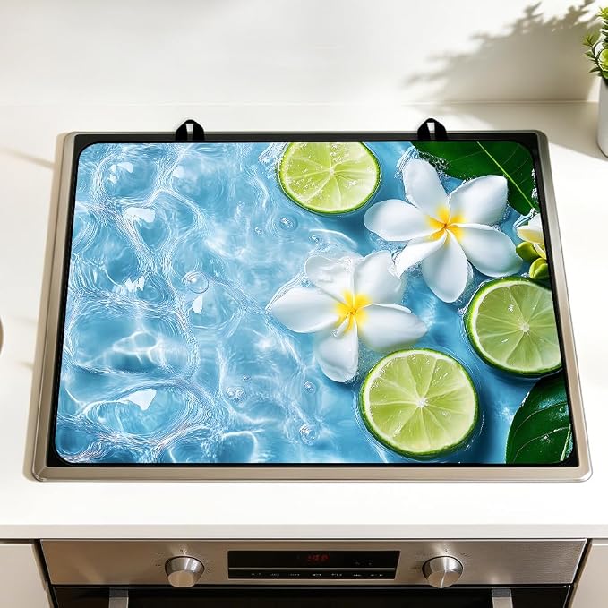 Tropical Plumeria Lime Stove Top Cover for Electric Gas Stove | Fresh tropical coastal kitchen decor; non-slip stovetop cover, glass cooktop counter mat, summer citrus lime decor