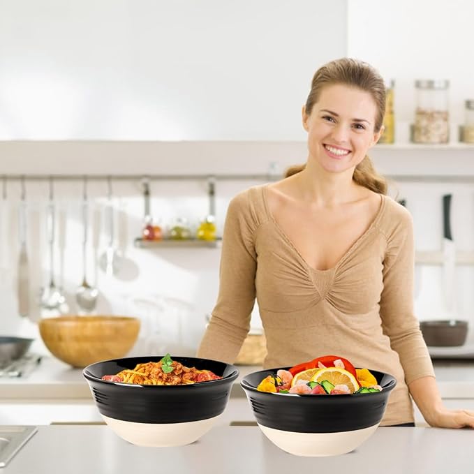HASENSE Large Ceramic Serving Bowls Set of 2, 84 Oz 9 Inch Black & Beige Stoneware Mixing Bowls, Farmhouse Bowls for Salad, Soup, Popcorn & Baking, Dishwasher & Microwave Safe