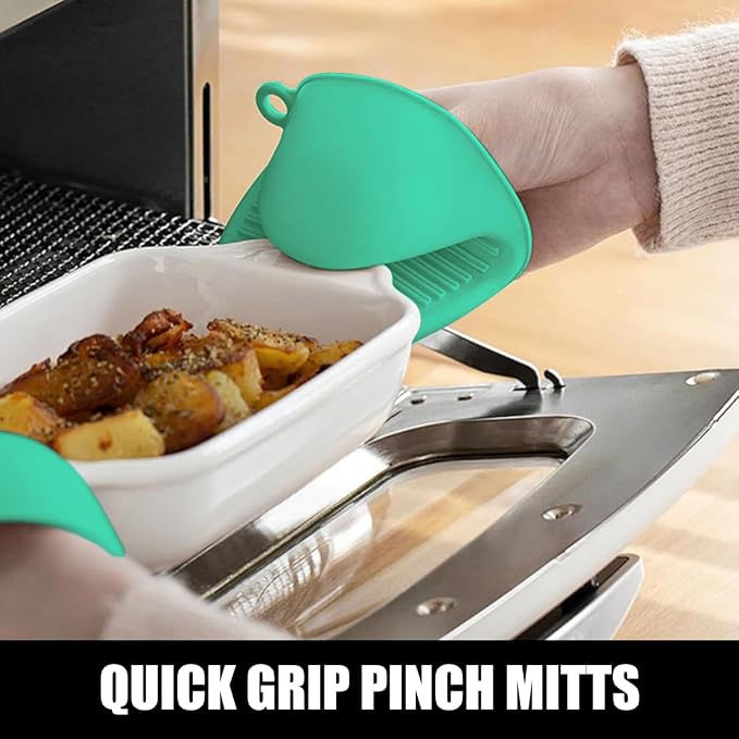 RORECAY Silicone Oven Mitts and Pot Holders Sets, Gloves for Kitchen, Green | Set of 6 Kitchen Mitts for Baking & Cooking, Heat Resistant 500 ℉, 15" Extra Long, Non-Slip & Waterproof, Quilted Cotton