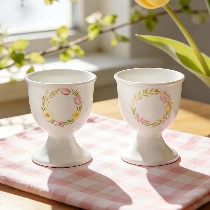 Cinf Ceramic Egg Cup Set, 2 Pack, Floral Boiled Egg Holders for Breakfast | Set of 2 ceramic egg cups, elegant floral design, stable base, easy to clean, ideal for boiled eggs and breakfast serving