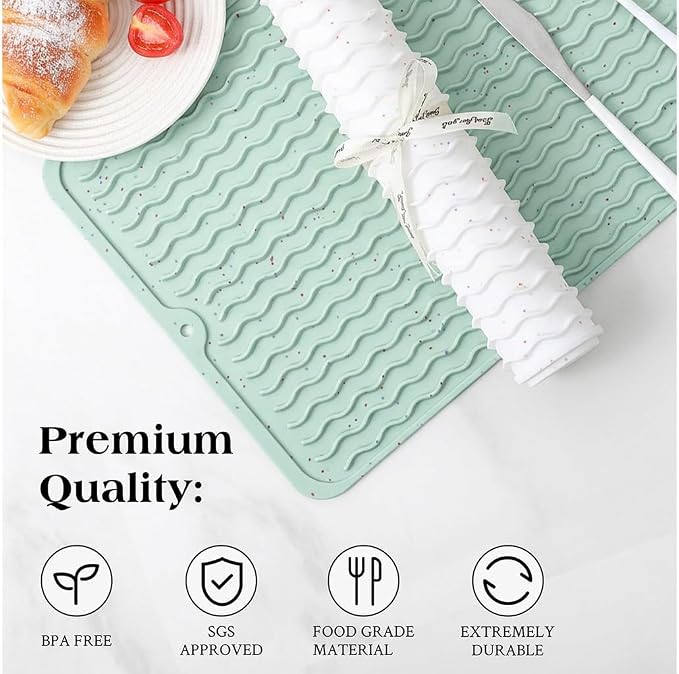CAKETIME 2 Pack Multicolor Silicone Dish Drying Mat for Kitchen Counter Baking Cooking Tools Placemats Household Dining Must Haves Finds Dryer Work Place Covers Rug Extra Large 18"x16" Green