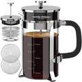 QUQIYSO French Press 34oz, Stainless Steel and Thickened Glass Coffee Maker | 4 Filter Heat-Resistant Borosilicate Glass Coffee Press, Easy to Clean, Suitable for Kitchen Party Camping Gifts(Silver)