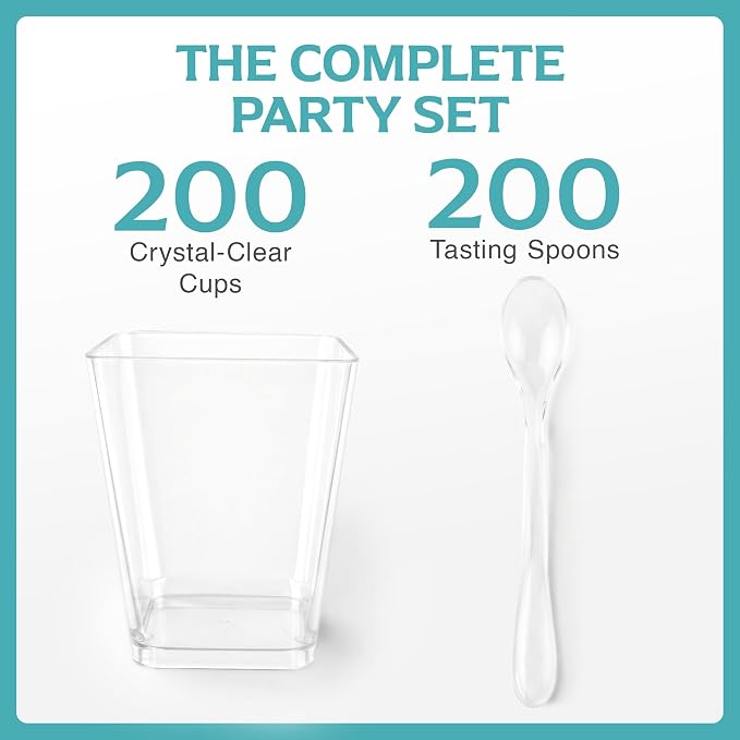 200 Pack 5 oz Plastic Dessert Cups with Spoons, Banana Pudding | 400 pcs serves 200; disposable clear shooters for party, individual yogurt parfait, jello, fruit trifle, mousse, cake
