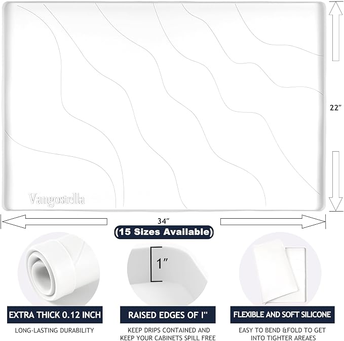 Premium Under Sink Mats for Kitchen Waterproof 34" x 22", Extra Thick Non-Slip Silicone Under Sink Liner Drip Tray, Raised Edge Under Sink Cabinet Mat,Prevent Drips, Leaks, Spills,White
