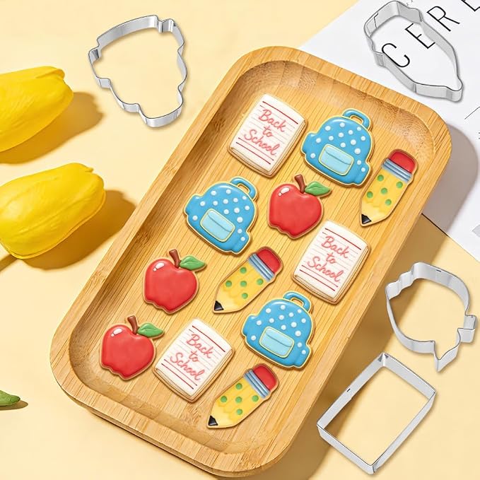 Back to School Cookie Cutters, 4 Pcs Stainless Steel Themed Shapes with School Bag Book Apple Pencil Cookie Cutter Sets Biscuit Molds Cake Cheese Fruit Cutter for DIY Home Classroom Baking Kit