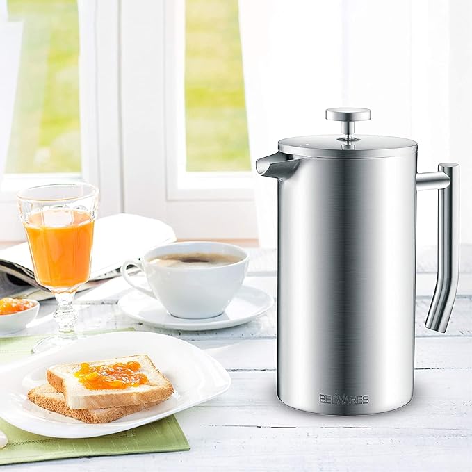 Belwares French Press Coffee Maker - Large 50oz 6-Cup, 304 Stainless Steel Coffee Press, Double Wall Insulated Heat Retention, 4-Level Filtration for Smooth Ground-Free Coffee, 2 Extra Filters, Silver
