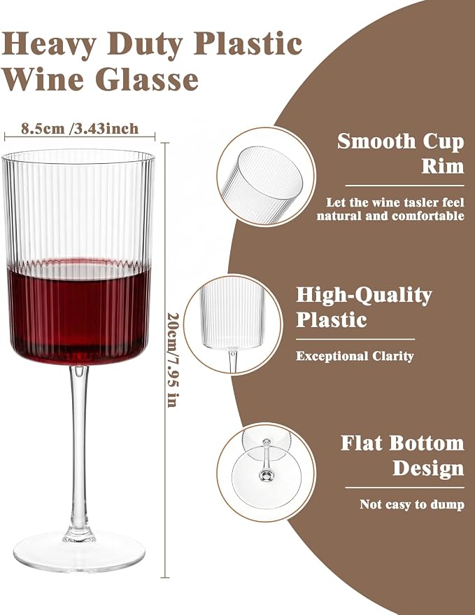 Ciaell 12 Pack Plastic Wine Glasses for Weddings Outdoor Gatherings | 10 oz Ribbed Square Stemmed Cups, Heavy Duty Plastic, Champagne Wine Cocktails Beverages for Parties Birthdays Anniversaries