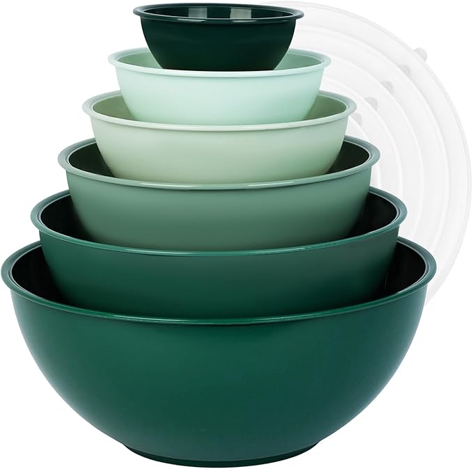 BoxedHome BPA Free Plastic Round Mixing Bowl with Lids, 12 Pack Nesting Bowls with Lids Set, Microwave and Dishwasher Safe Prep & Serving Bowls Great for Mixing, Baking, Serving (Green, 12pcs)