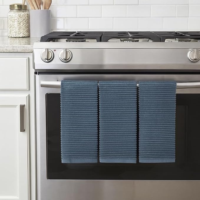 Slate Blue Gray Kitchen Hand Dish Towels, Set of 3, 100% Cotton, 18" x 28" | Terry Loop Ribbed Textured, Soft & Absorbent Cleaning Cloth, Quick Dry, Multipurpose for Everyday Use