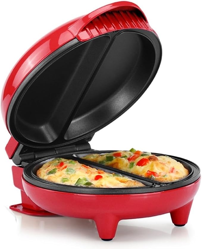 Holstein Housewares Stainless Steel 2 Section Omelet & Frittata Maker, Non Stick Coating, Easy To Clean, Indicator Lights, Compact Storage, Prepare Versatile Recipes in Minutes. 2 Portions, Red