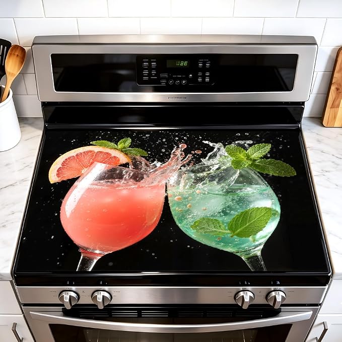 Cocktail Bar Stove Top Cover for Electric Stove, 28x20 In Mat | Heat-resistant non-slip mat holds hot cookware; glass cooktop protector, dish drying; colorful drinks summer kitchen decor
