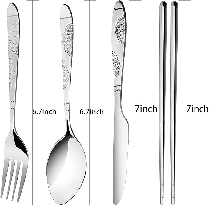 Arroyner 3 Pack Reusable Flatware Sets Knife, Fork, Spoon, Chopsticks, 12Pcs Portable Travel Stainless Steel Tableware Dinnerware with Carrying Case