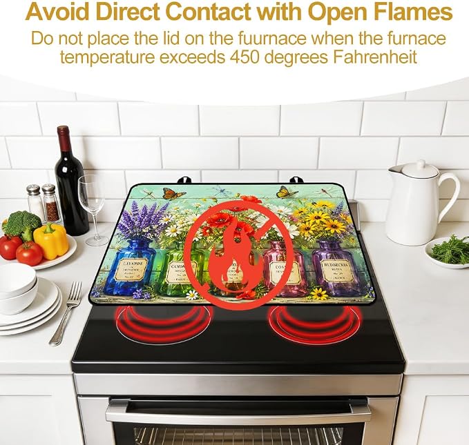 Vintage Wildflower Stove Top Cover for Electric Gas Glass Stove | Vintage French country wildflower kitchen decor; non-slip stovetop cover, glass cooktop noodle board, floral counter mat