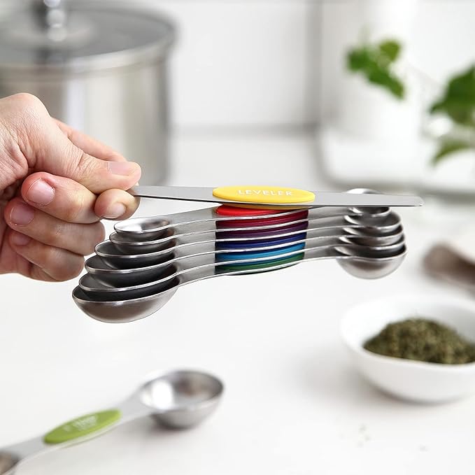 Spring Chef Stainless Steel 8 Magnetic Measuring Spoons, 2 Pack, Multicolor | Dual Sided Metal Teaspoon & Tablespoon Measuring Spoons with Leveler for Dry & Liquid Ingredients, Nesting, Dishwasher Safe