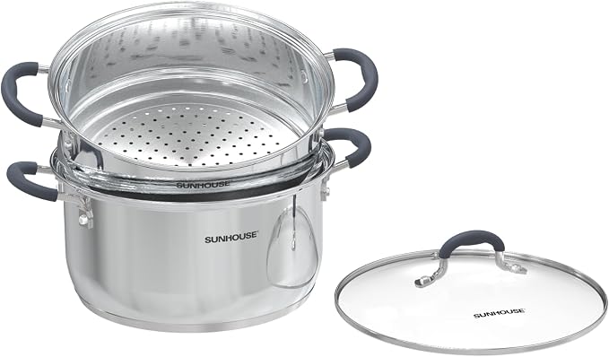 SUNHOUSE 3.1 QT Stainless Steel Steamer Pot for Cooking Vegetables | Steaming Pot with Glass Lid & Steamer Basket - 2 Tier Tri-ply Stovetop Steamer For Vegetable, Veggie - Induction Compatible